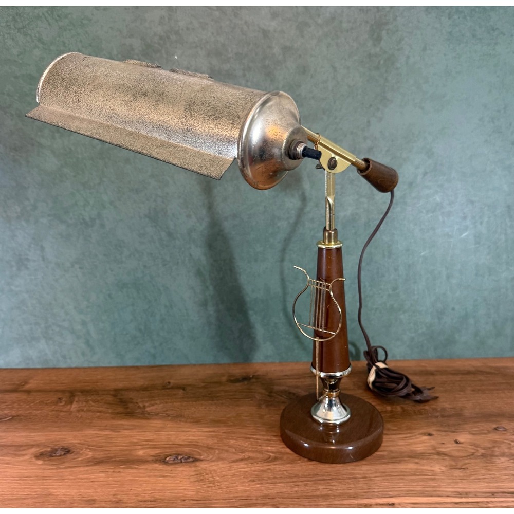Vintage Mid Century Modern Lyre Harp Piano Desk Lamp Adjustable Swing Arm Brass